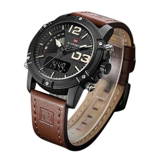 Naviforce Faux Leather Strapped Watch - Brown - Discount Duuka